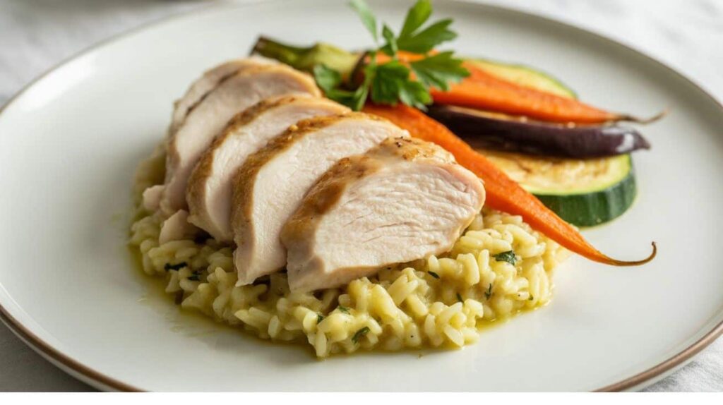 Cast iron chicken breast recipes “Sliced cast iron chicken breast served with roasted vegetables and garlic herb rice on a white plate.”