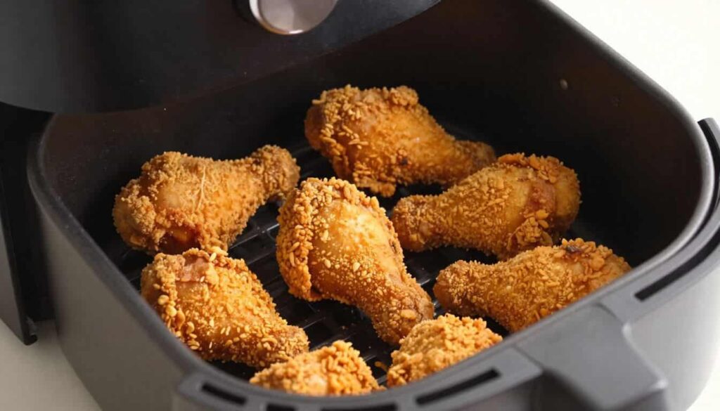 Cheez It chicken cooked in an air fryer basket, showing crispy coating with a golden-orange hue