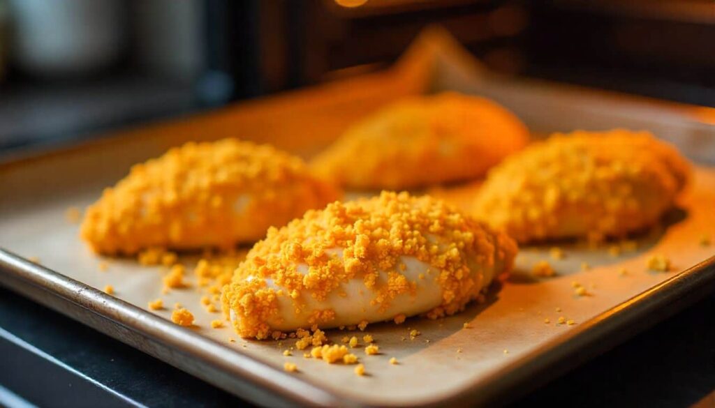 : Cheez It coated chicken breasts arranged neatly on a parchment-lined baking tray before going into the oven.