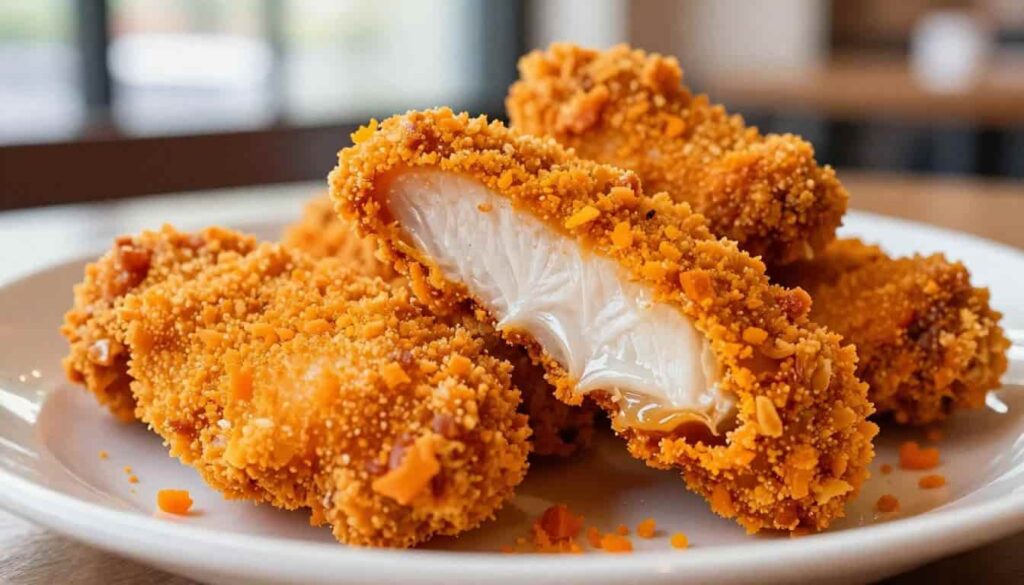 Cheez it chicken recipe Cheez it chicken recipeClose-up of a sliced Cheez It chicken breast showing juicy interior and crunchy outer crust made from Cheez It crackers.
