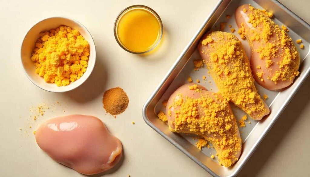 Flatlay of all Cheez It chicken recipe ingredients, including chicken breasts, crushed Cheez It crackers, eggs, garlic powder, paprika, salt, and pepper.