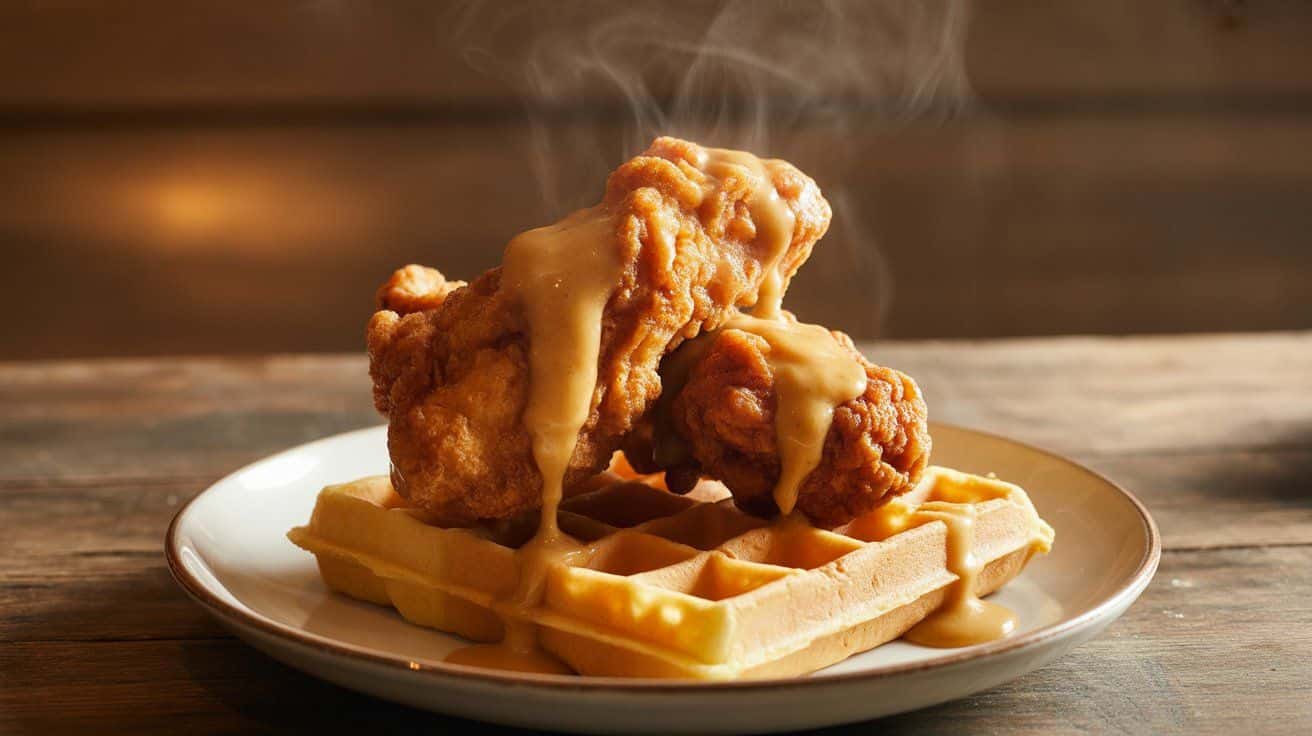 Chicken and Waffles Gravy Recipe Chicken and waffles topped with golden gravy on a rustic plate.