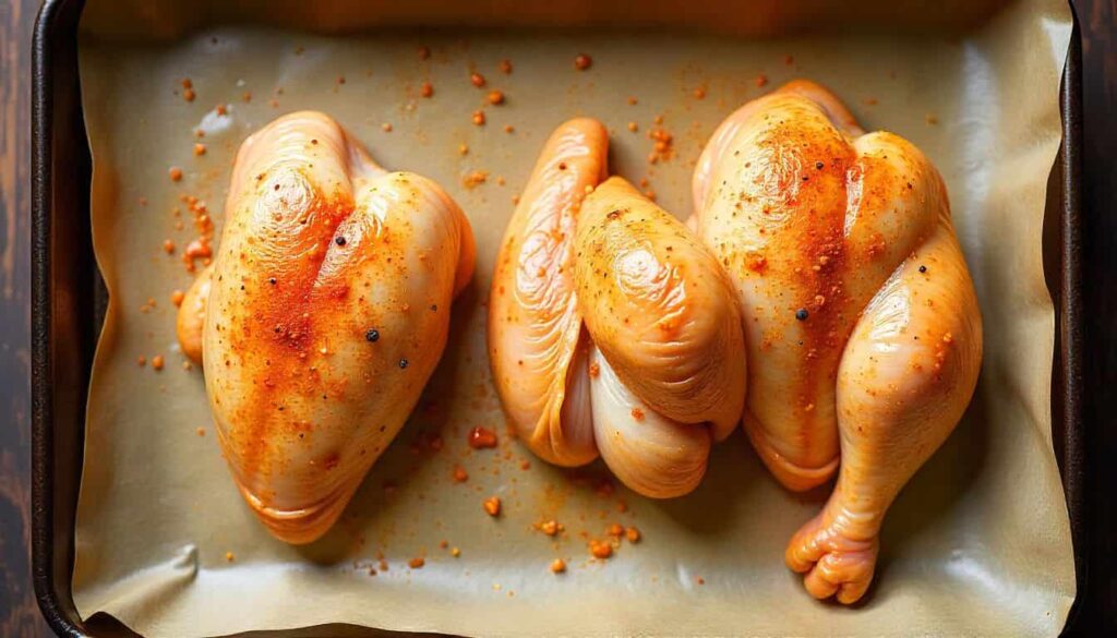 Chicken skin prepared on baking tray for oven method.