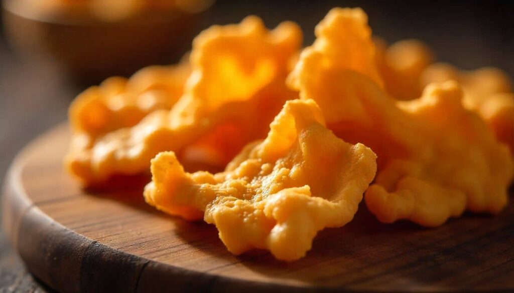 Chicken Cracklings Recipe Crispy golden chicken cracklings on a wooden board.