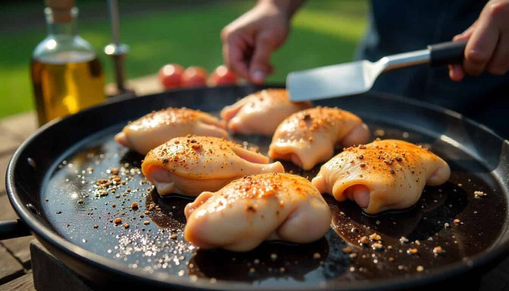 Chicken on a griddle recipes Chicken on a griddle cooking setup with tools and ingredients