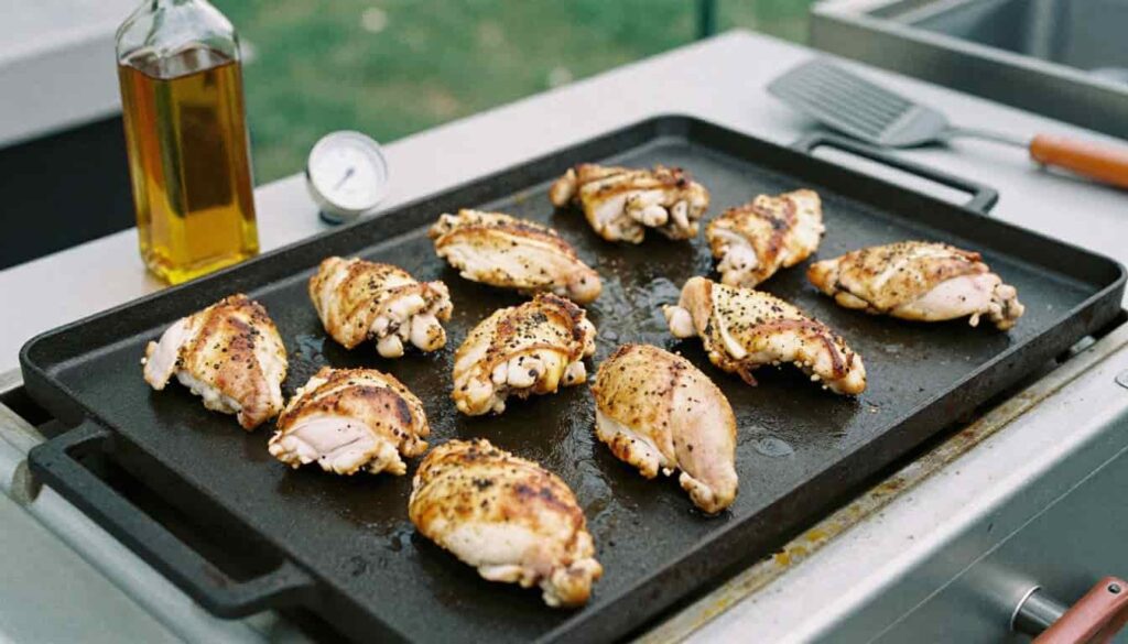 Chicken on a griddle cooking setup with tools and ingredients