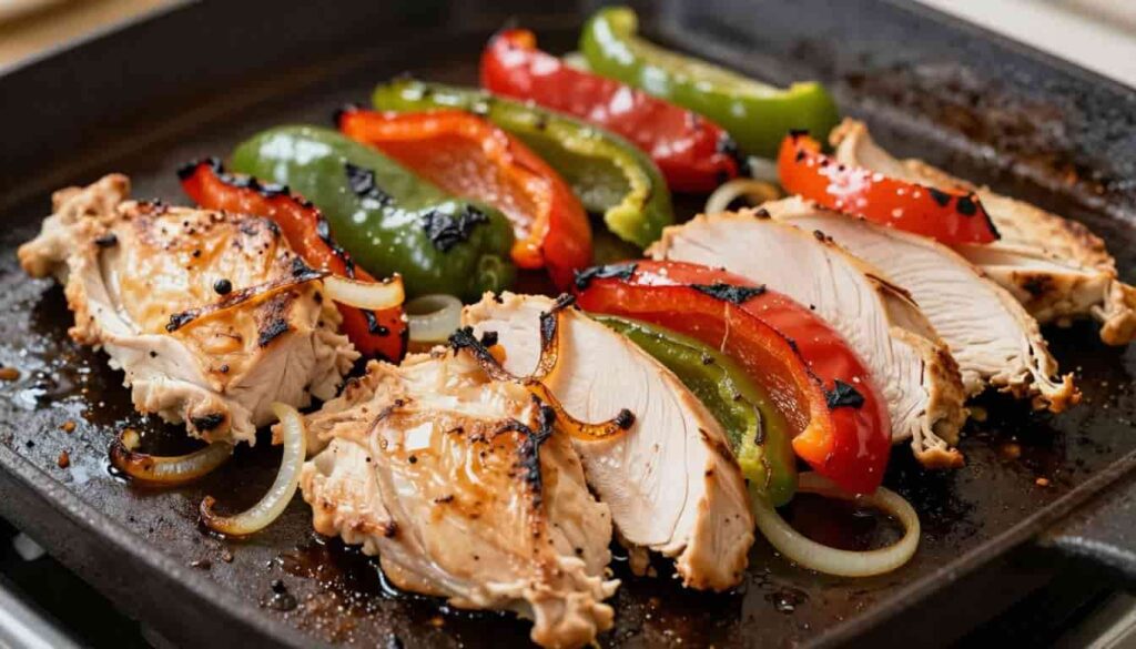 Chicken on a griddle fajitas with peppers and onions cooking on flat top