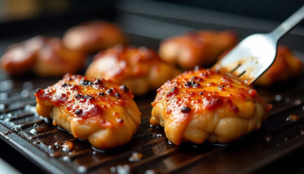 Juicy chicken thighs cooked on a griddle with caramelized surface