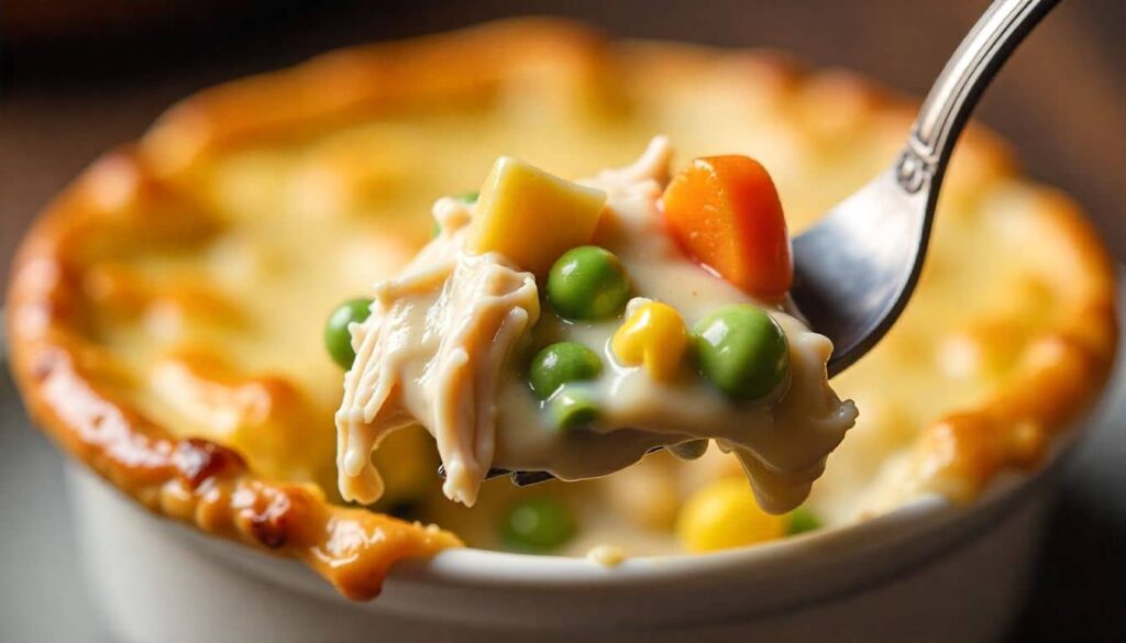 Close-up of creamy chicken pot pie filling with chicken, peas, carrots, and corn.