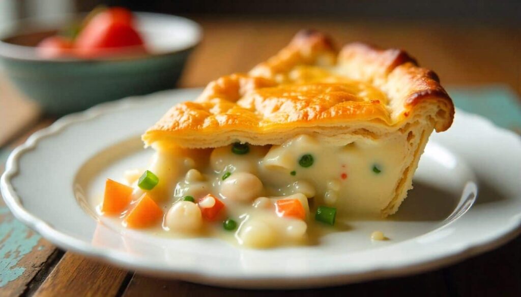 : Slice of chicken pot pie with creamy filling and flaky crust served on a white plate.