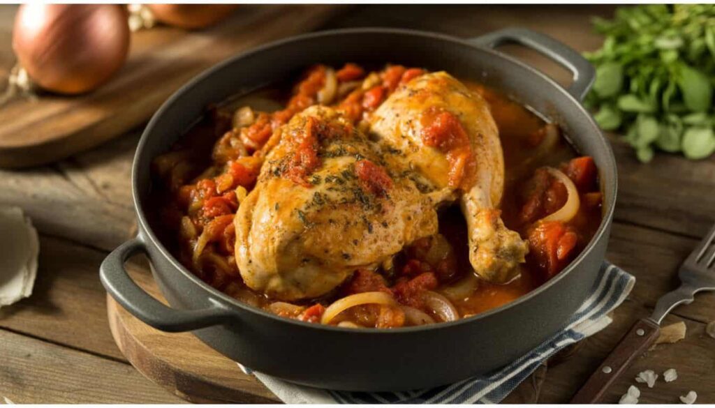 classic chicken cacciatore cooked in tomato sauce with herbs