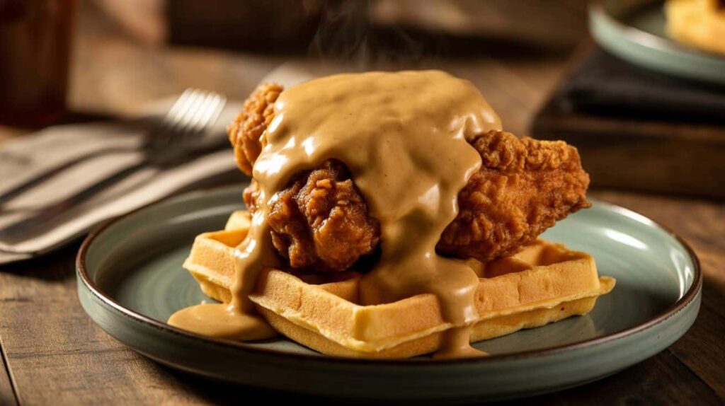 Chicken and Waffles Gravy Recipe Chicken and waffles topped with golden gravy on a rustic plate.