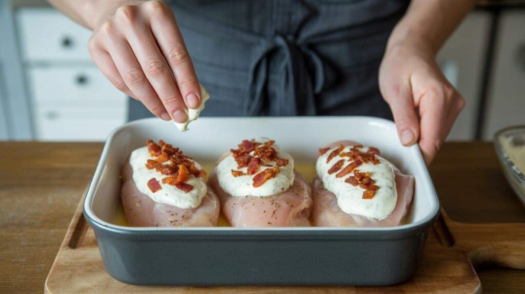 Chicken breasts being topped with cream cheese mixture and bacon bits in a baking dish.
