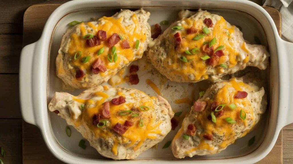 Oven-baked crack chicken topped with melted cheddar, bacon, and ranch seasoning in a white casserole dish.