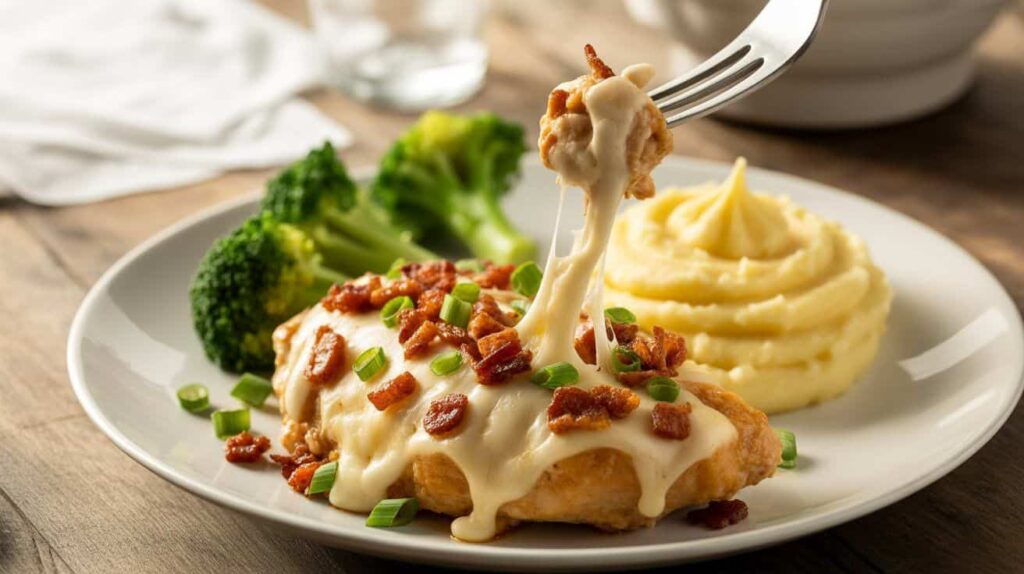 Oven crack chicken served with mashed potatoes and steamed vegetables.