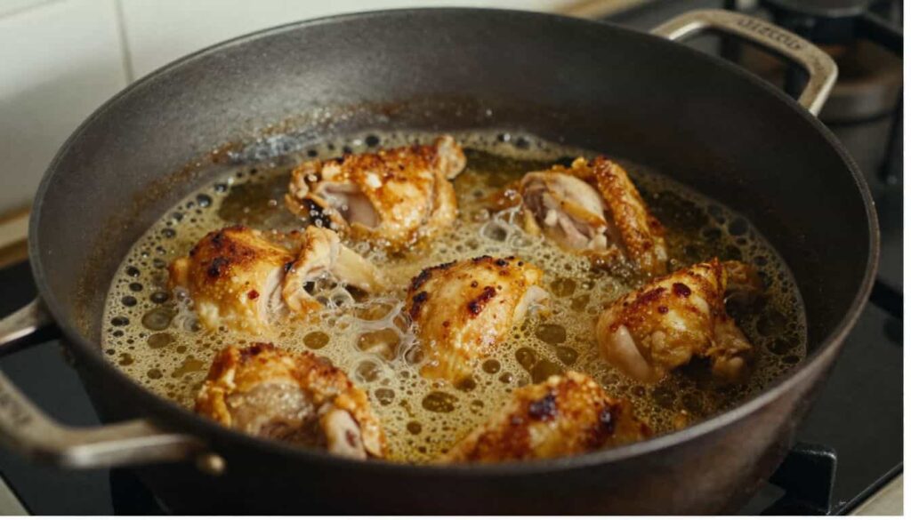 Chicken frying in hot oil in a Dutch oven for Cracker Barrel copycat fried chicken