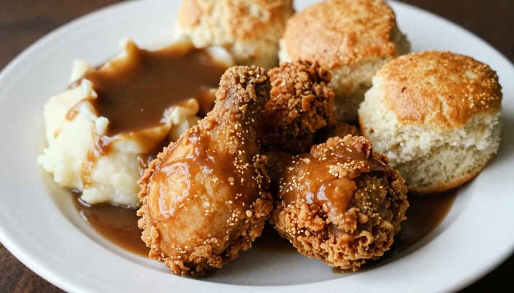 fried chicken recipe Cracker Barrel Cracker Barrel-style fried chicken served with mashed potatoes, gravy, and biscuits