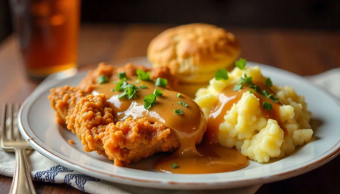 Homestyle Cracker Barrel-style fried fried chicken recipe Cracker Barrel chicken on a cast iron skillet with crispy golden coating