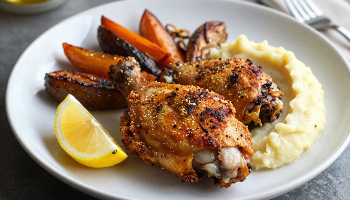 Crispy chicken thigh recipe “Golden and crispy oven-roasted chicken thighs served on a plate with herbs”