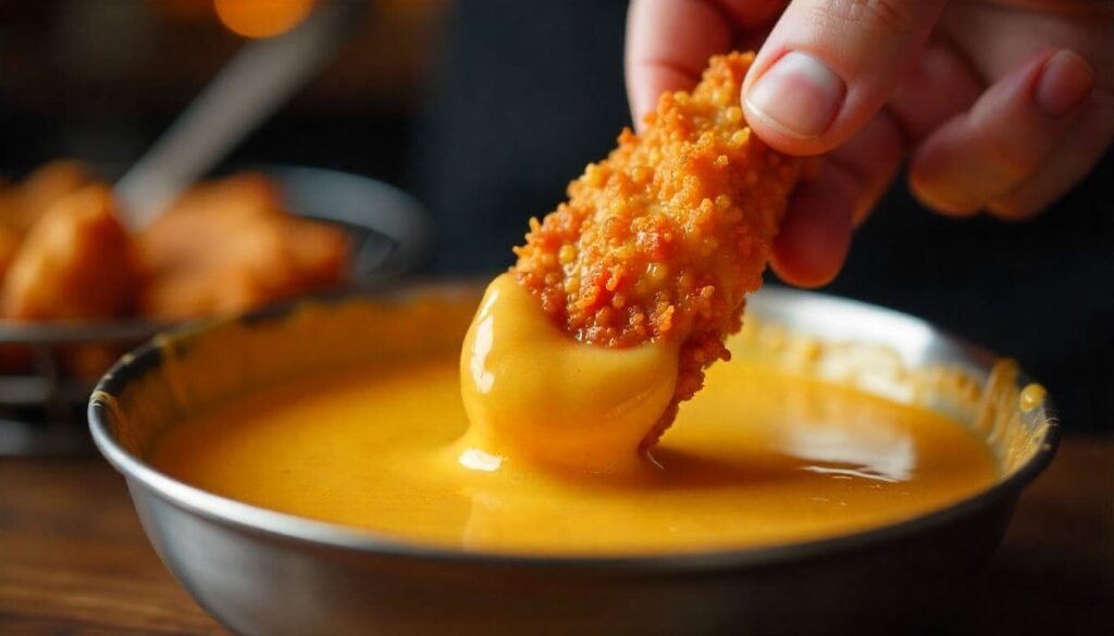 “Chicken tenders being dipped into thick beer batter before frying”