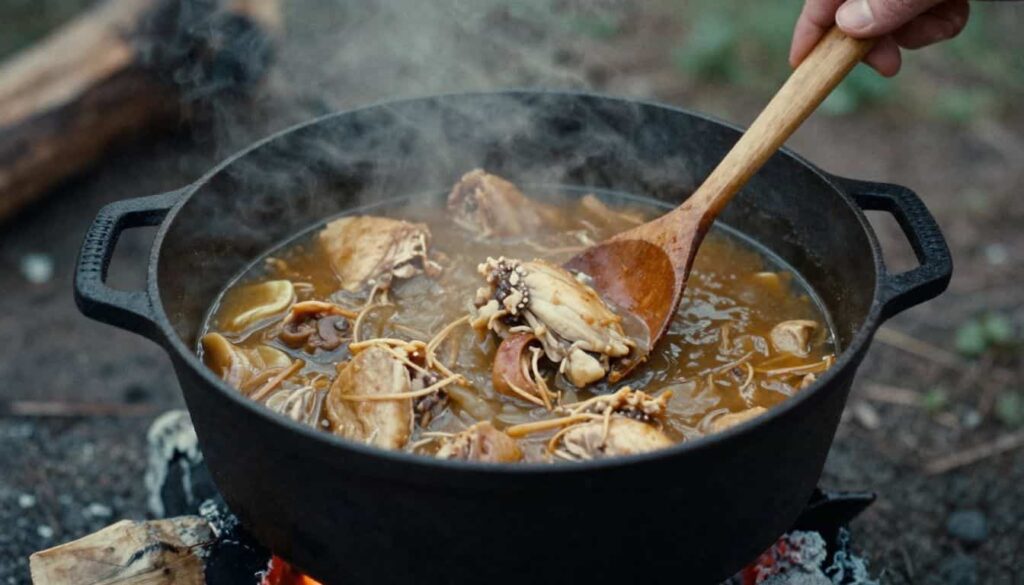 Dutch oven chicken camping recipe with hearty chicken stew cooked over campfire coals