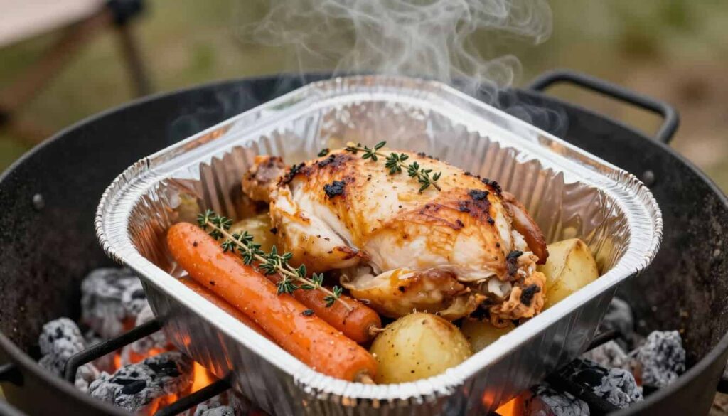Foil packet chicken camping recipe with chicken, potatoes, and vegetables cooked over campfire