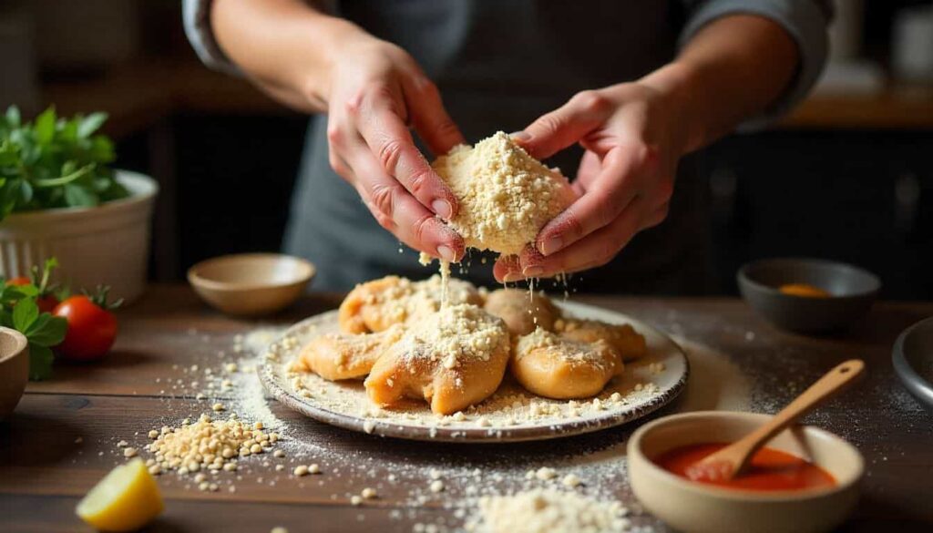 Double-dredging chicken in flour for Cracker Barrel-style fried chicken recipe