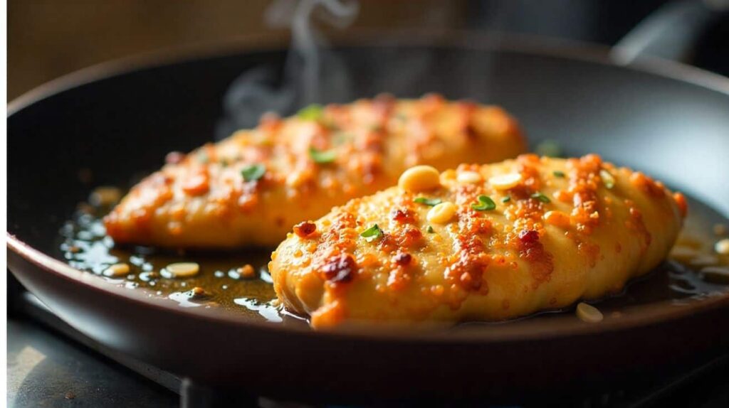 Almond Fried Chicken Recipe Almond-crusted chicken frying in a skillet with oil.