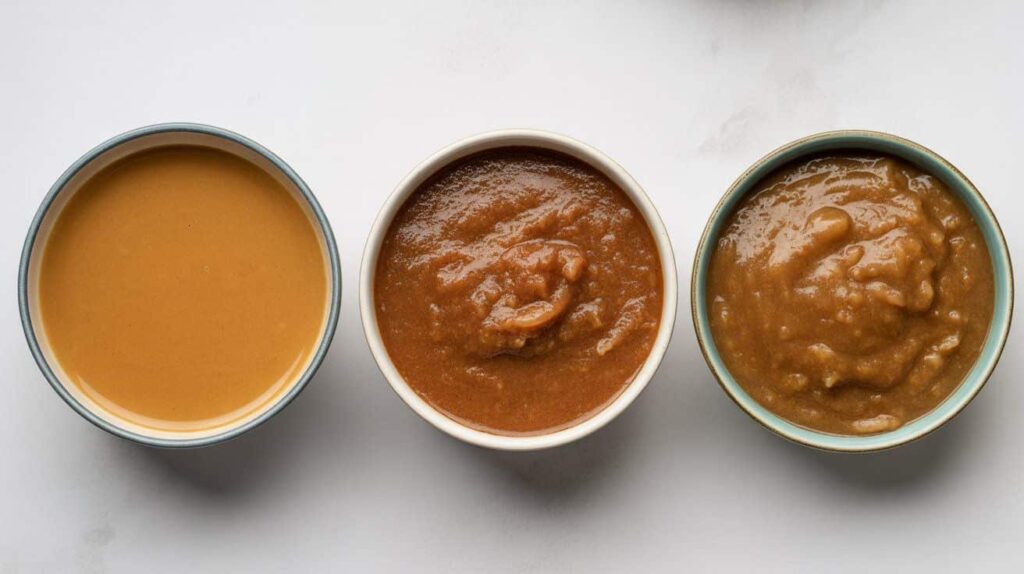 Different gravy consistencies displayed in small bowls.