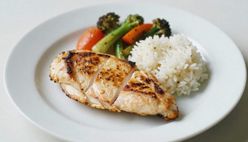 Chicken on a griddle recipes Griddle chicken breast meal served with rice and vegetables