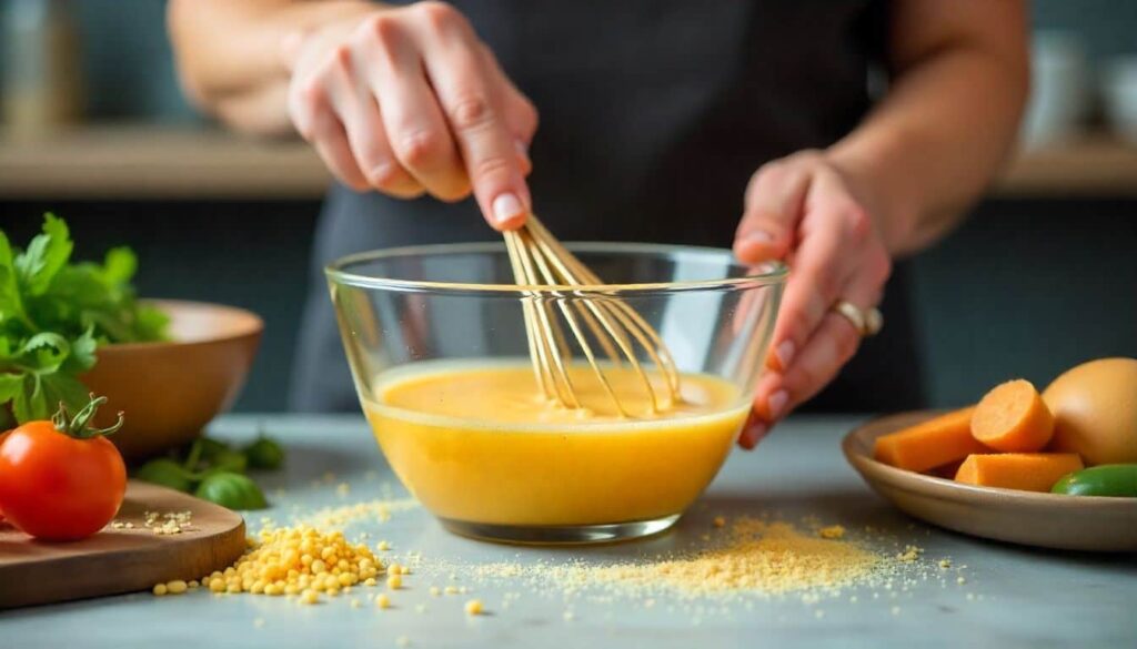 “Step-by-step mixing of beer batter in a bowl with whisk and ingredients around”