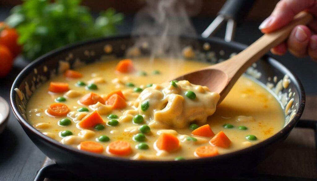 Chicken Pot Pie recipe Paula Deen  Process photo showing creamy pot pie filling being cooked in a pan.