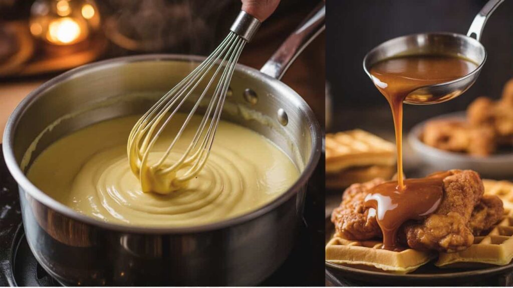 Assembling chicken and waffles with gravy step-by-step.
