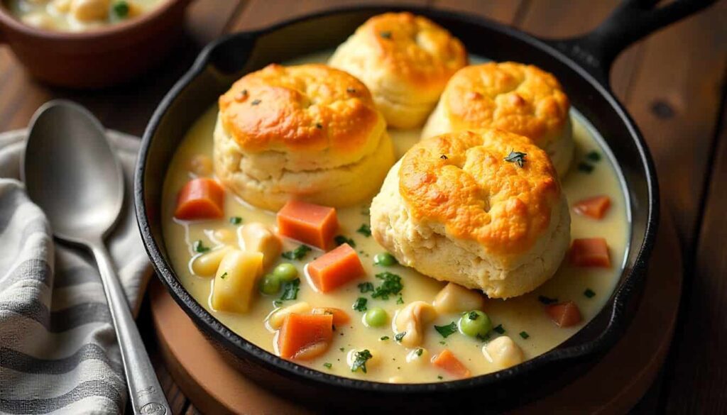 Chicken Pot Pie recipe Paula Deen Chicken pot pie topped with golden biscuits baked in a cast iron skillet