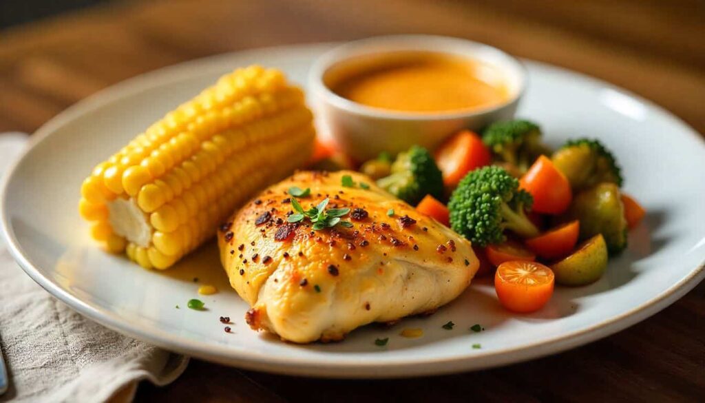 Chicken and old bay recipe “Old Bay chicken served with vegetables and corn on the cob.”