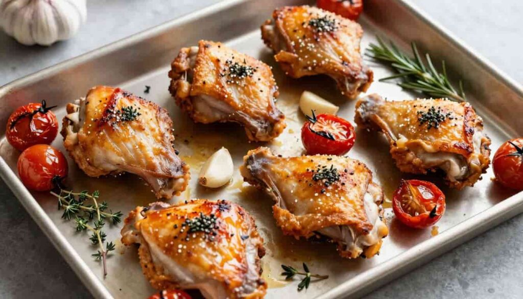 one-pan roast chicken with tomatoes and herbs cooked on a sheet pan