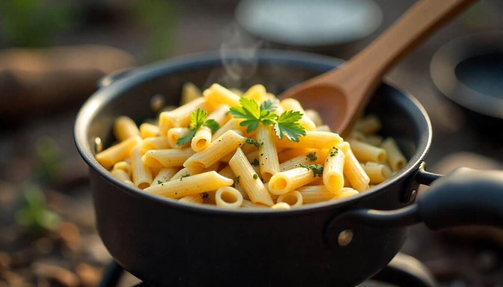 One pot camp chicken recipe with chicken pasta cooked on portable camping stove