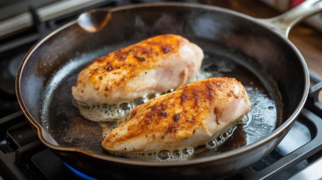 Cast iron chicken breast recipes “Chicken breasts sizzling in a cast iron skillet during the searing step, with paprika and garlic seasoning visible.”