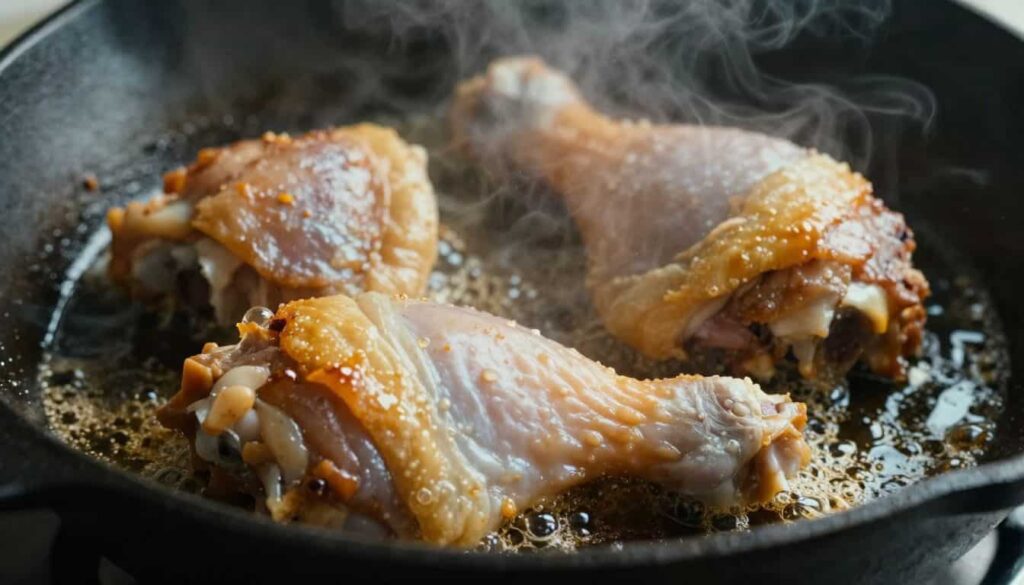 “Close-up of chicken thighs searing skin-down in a skillet to achieve crispy skin”