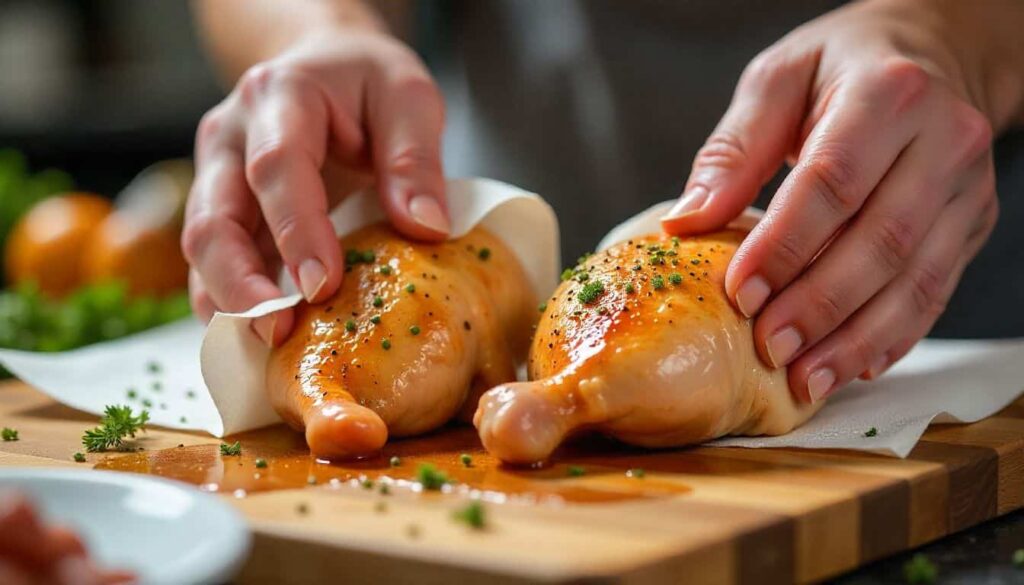 “Close-up of a sliced crispy chicken thigh showing juicy meat and golden skin”