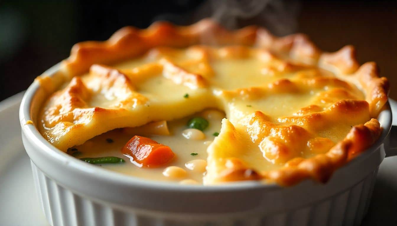 Paula Deen Chicken Pot Pie recipe Golden baked Paula Deen chicken pot pie with flaky crust in a white ceramic pie dish on a wooden table.
