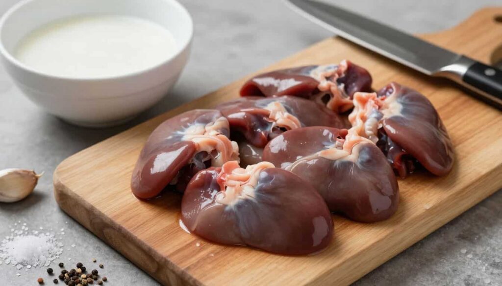 Chicken Livers Recipe “Cleaned raw chicken livers on a cutting board with knife, milk bowl for soaking, and seasoning ingredients”