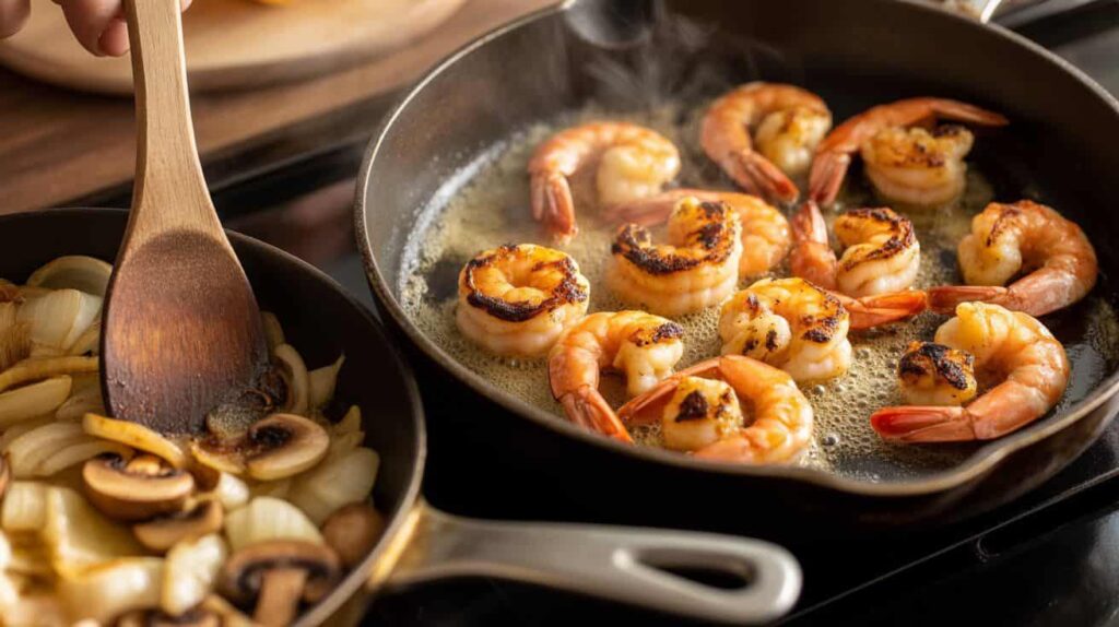 Blackened shrimp cooking for Applebee’s bourbon street chicken recipe Onions and mushrooms sautéed in garlic butter for bourbon street chicken