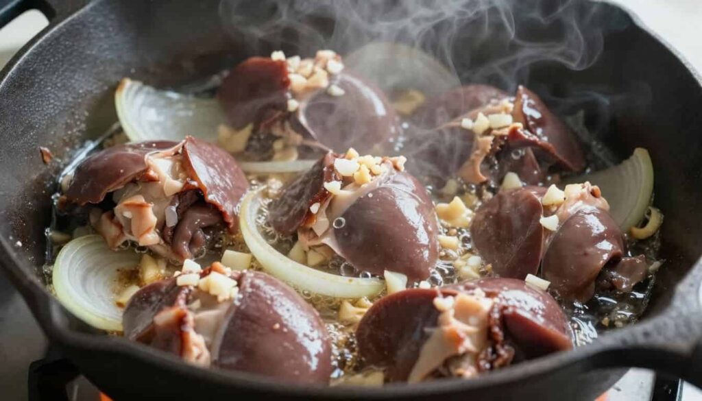 Chicken Livers Recipe “Chicken livers sautéing in a pan with onions and garlic, sizzling on stovetop”