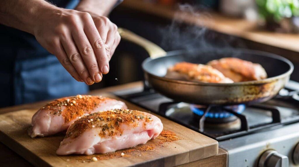 Seasoning chicken with Cajun spices for bourbon street chicken recipeSearing chicken for Applebee’s bourbon street chicken recipe in skillet