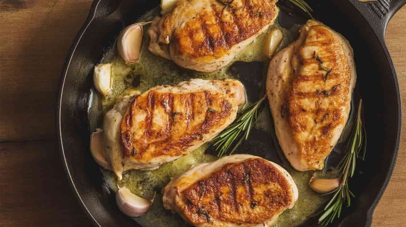 “Golden brown cast iron chicken breasts seared in a black skillet with garlic and rosemary, juicy and crispy, photographed on a rustic wooden background. Flat lay of seasoning ingredients for cast iron chicken breast recipes, including paprika, garlic powder, pepper, salt, and herbs.”