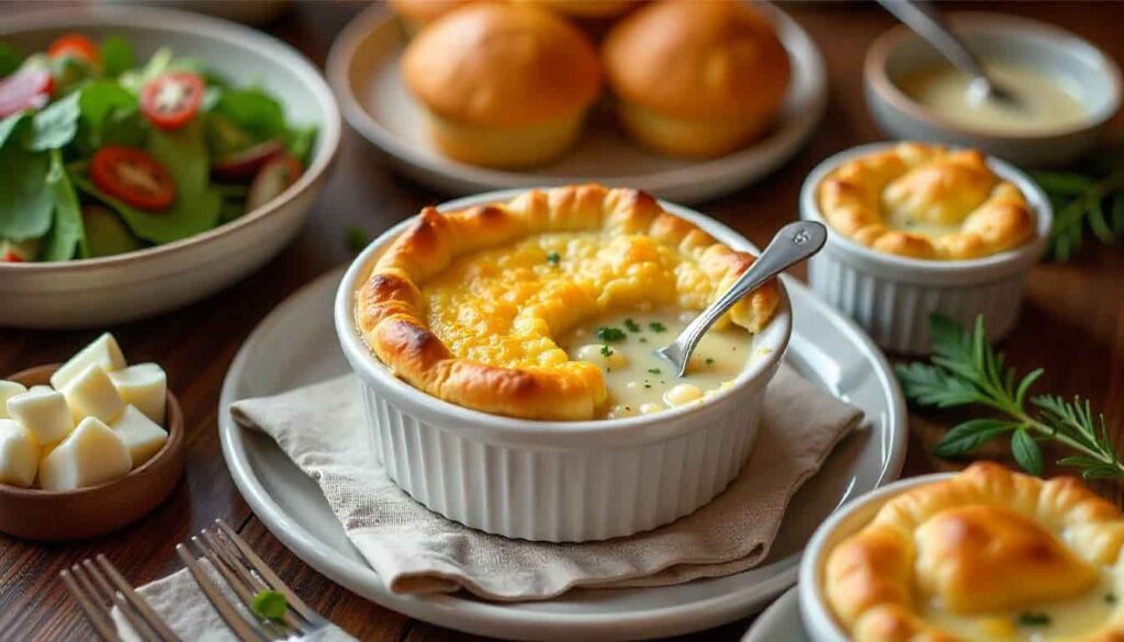 Mini chicken pot pies with golden tops served in small ramekins.
