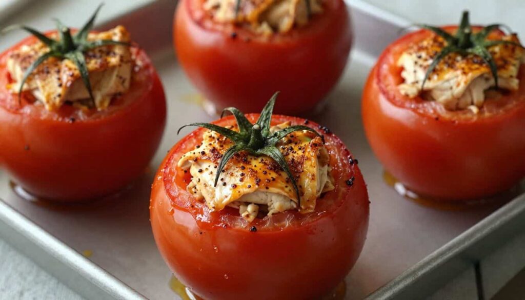 stuffed tomatoes filled with seasoned chicken and herbs