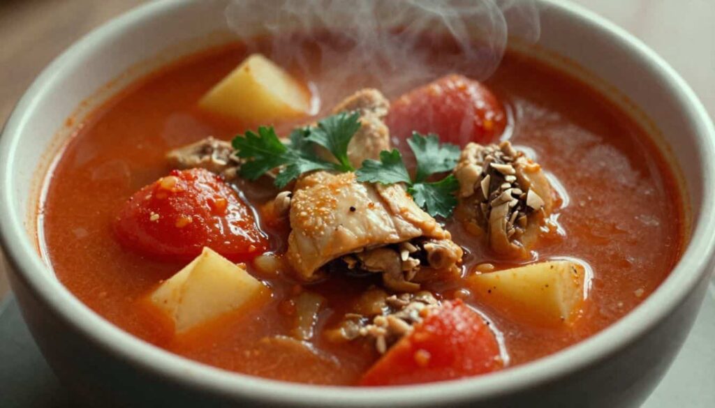 tomato chicken soup with vegetables and herbs