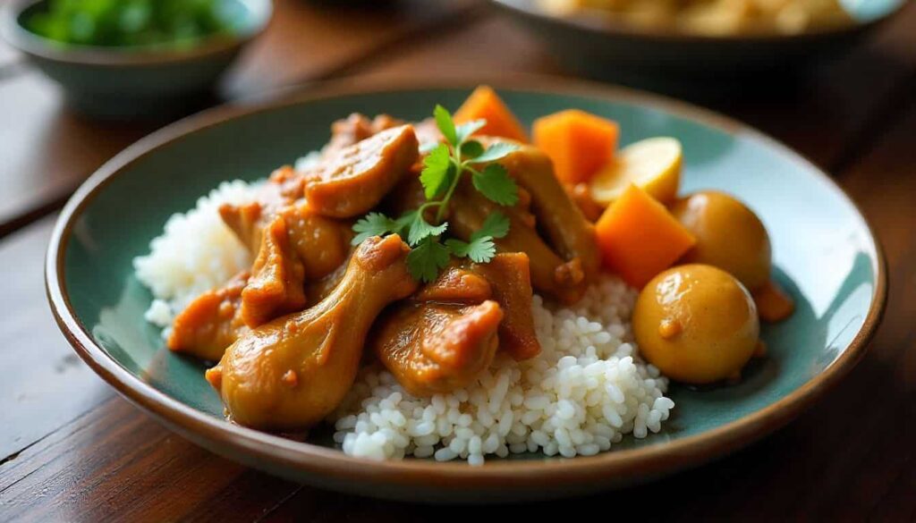 Chicken adobo potato recipe served with rice